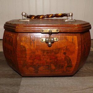 Vintage Anton Pieck Decoupage Wooden Box Purse Detailed Illustration Octagonal